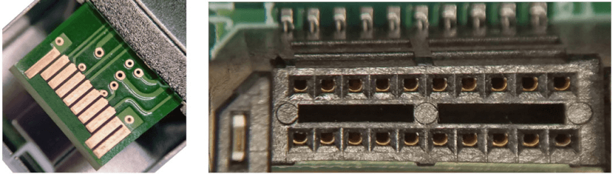 Comparison between a traditional card edge connector and the pin/socket solution used in the FNx.