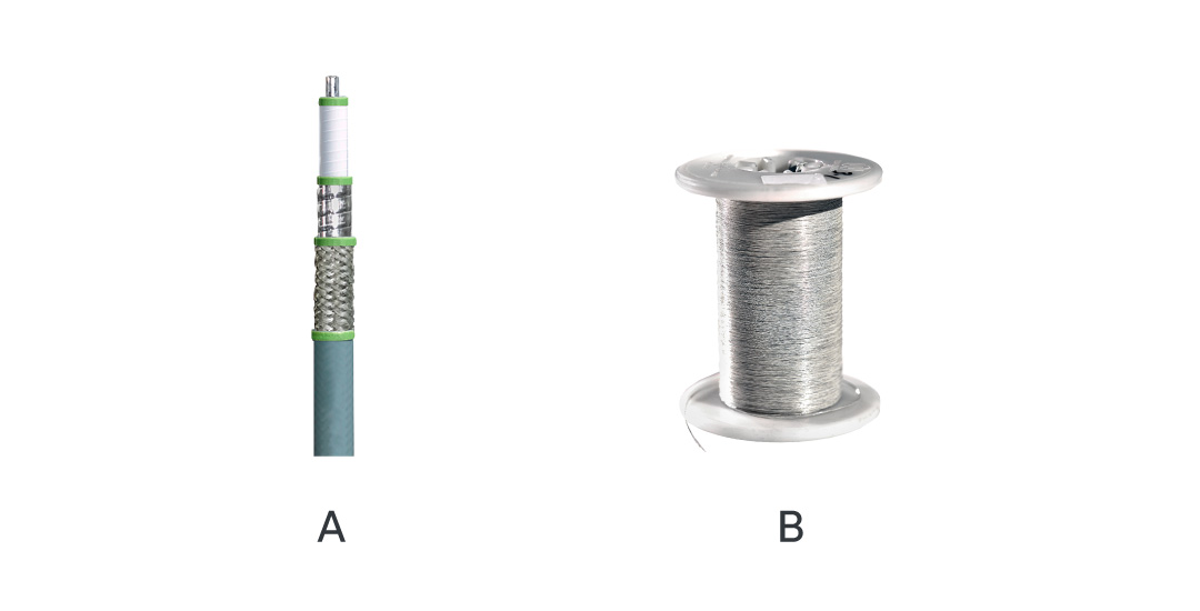 Example of a coaxial cable using a braided carbon fiber for the outer screen layer. The carbon fiber is lighter and stronger than conventional materials.